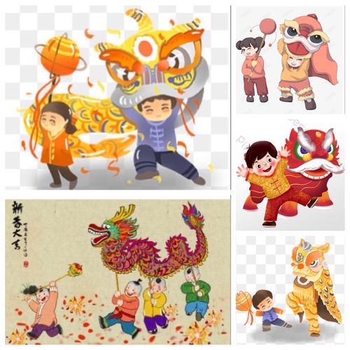 插图可配贴春联:放烟花,爆竹;舞龙舞狮