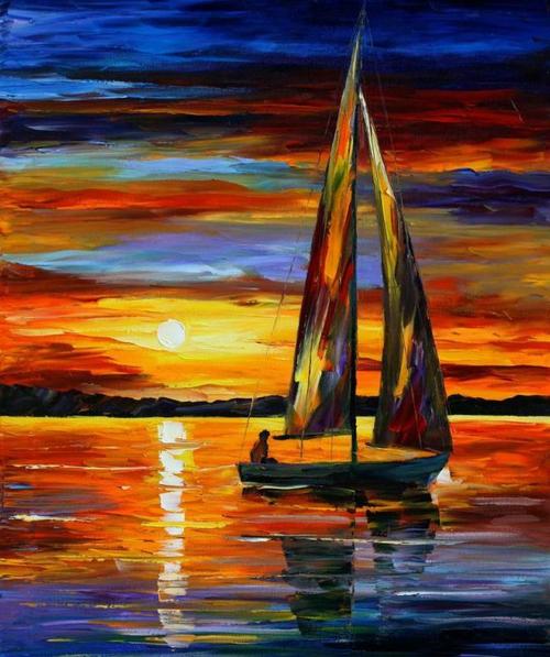 油画 夕阳帆船图片