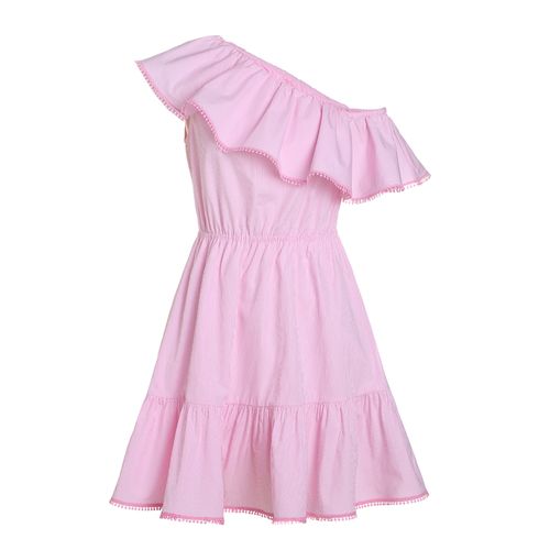 fiveplus官方店女夏装露肩连衣裙条纹高腰荷叶边短裙宽松拼接 plus