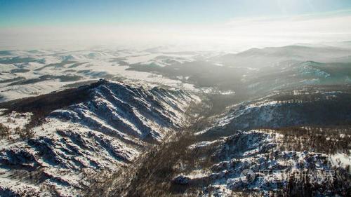 在冬天的俄罗斯乌拉尔山脉.鸟瞰图湖,白无限