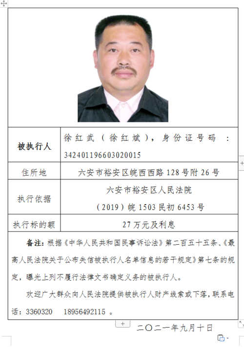 安徽省六安市裕安区人民法院曝光失信被执行人名单徐红武徐红斌