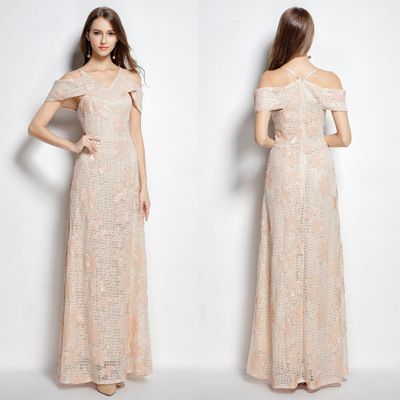 ck1501春季新款欧美晚礼服绣花亮片露肩吊带宴会晚装长款女舞会