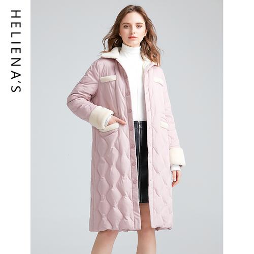 海兰丝秋冬新款时尚修身显瘦白鸭绒羽绒服中长款粉色加厚外套女
