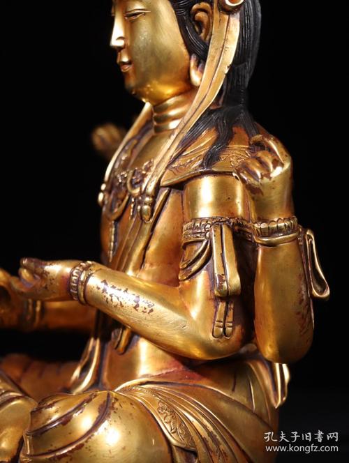 明大明宣德年制款铜鎏金四臂观音造像摆件