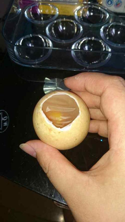 8 在鸭蛋有气室的一头敲开,将蛋白倒出.