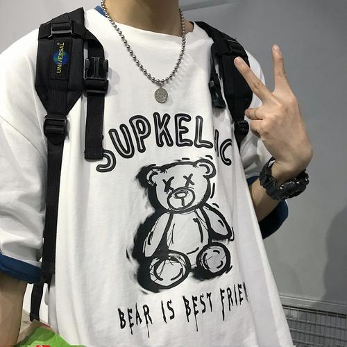 夏季短袖t恤男生潮牌ins小熊印花情侣装百搭学生潮流港风半袖体恤