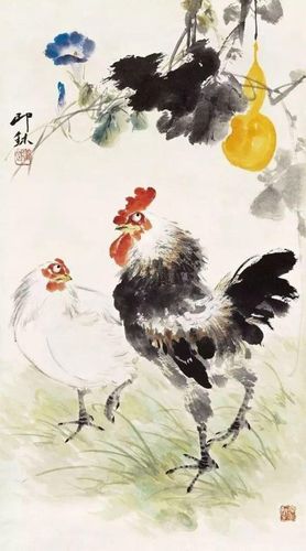 当代名家萧朗以鸡为题材的国画作品欣赏