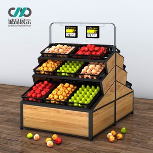 钢木结构带门三层果蔬菜架水果店货架超市便利店展示架子木质加厚