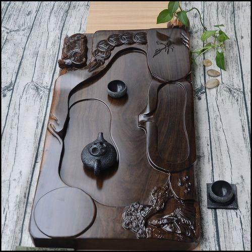 黑檀木茶盘 整块实木家用茶盘 雕刻茶台功夫茶具茶海 长方形排水