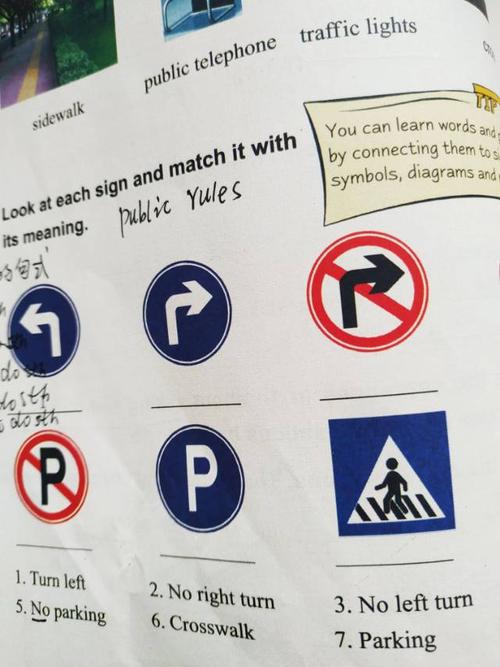 同学们认识这些交通标志吗?它们用英语怎么说?