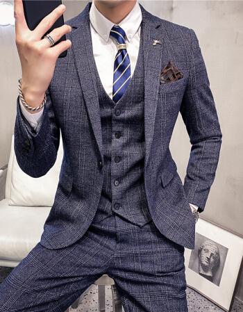 格子西装男韩流潮流小西服套装商务正装休闲英伦风结婚礼服新郎品牌