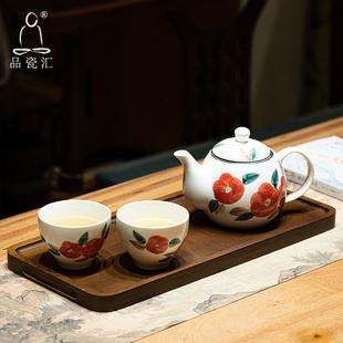 花草茶具套装一壶二杯陶瓷家用简约釉下彩手绘茶壶茶杯品瓷汇日式