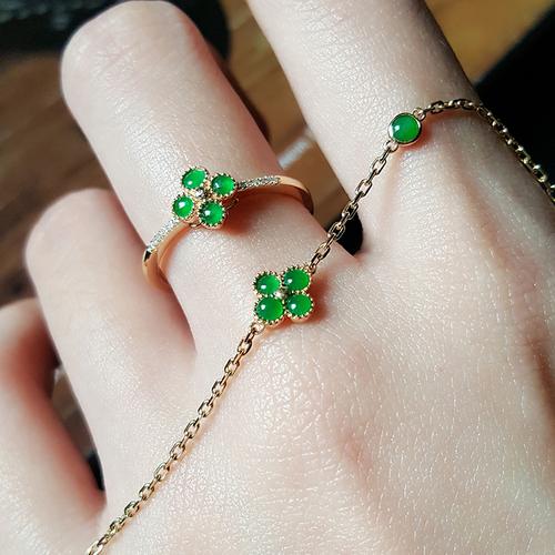 缅甸天然冰种翡翠18k金镶嵌阳绿小蛋面精致款手链戒指四叶草套装