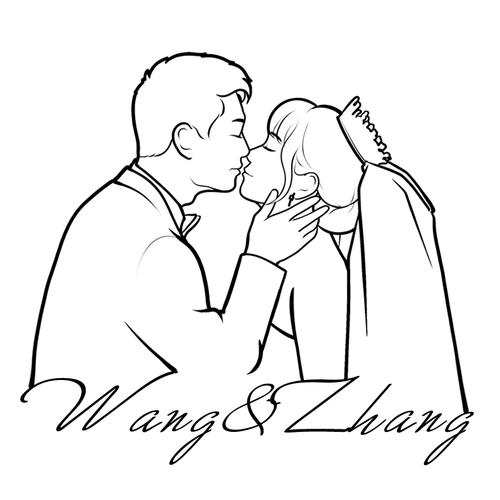 婚礼婚纱照手绘笔画头像定制剪影线条轮廓logo手绘真人漫画