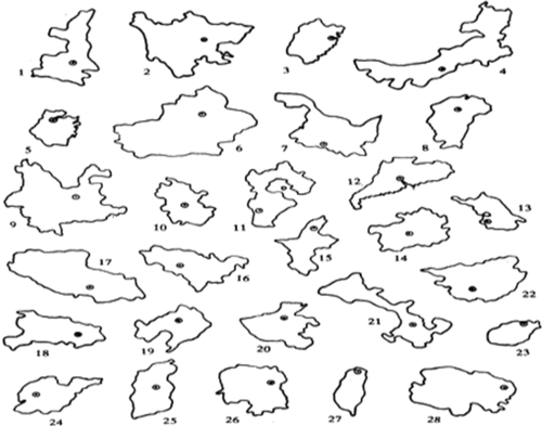 读我国各省级行政单位的轮廓图,写出名称