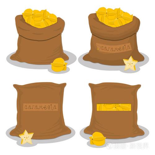 矢量插图的袋子装满了星果杨桃, 储藏在麻袋里.