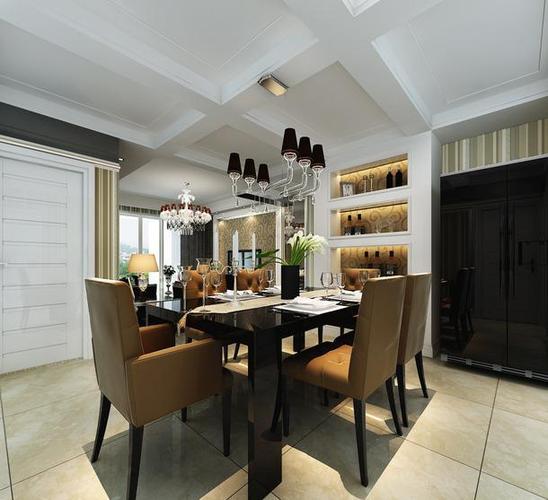 小型别墅吊灯餐台家具餐桌餐椅餐厅背景墙简欧风格餐厅吊顶装修效果图
