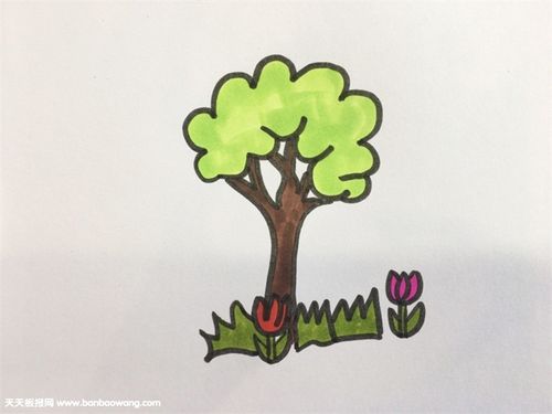 3,接着在大树底下画出几簇草丛与两朵小花.