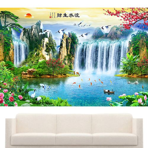 山水画流水生财高山瀑布迎客松电视背景墙装饰九鱼图