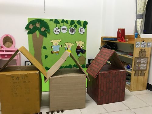 角色区是以三只小猪的故事进行的环境创设,可以丰富幼儿角色游戏的