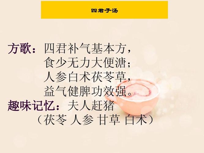 四君子汤 方歌:四君补气基本方, 食少无力大便溏; 人参白术茯苓草