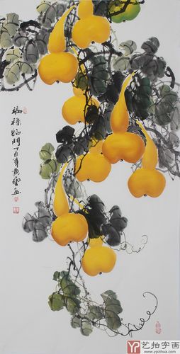【已售】黄艺四尺竖幅水墨小写意花鸟画葫芦图《福禄临门》