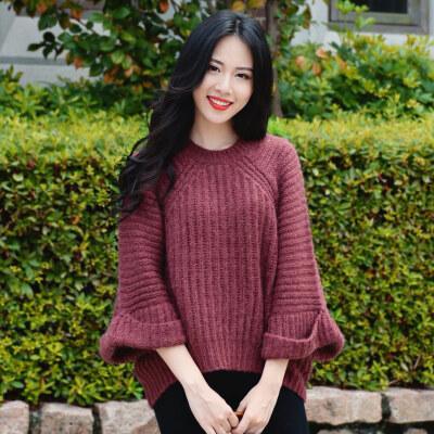 rr冬装新款 复古森女袖口挽边粗棒针慵懒宽松百搭针织套头毛衣