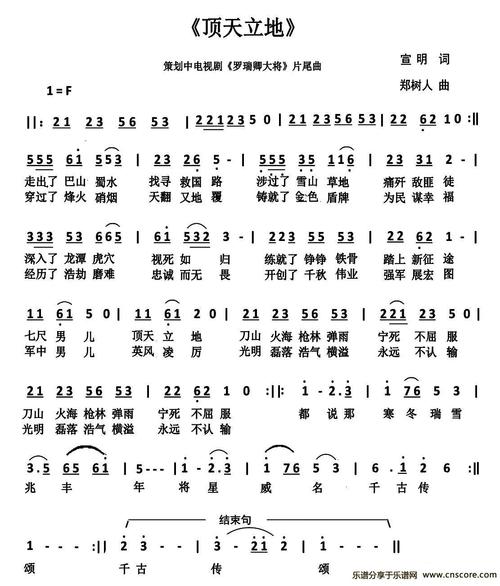 曲谱名:顶天立地(宣明词 郑树人曲)简谱
