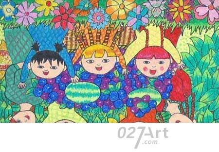 这幅儿童画秋天画面优美,构图简洁,充满孩子们的奇思妙想,非常适合