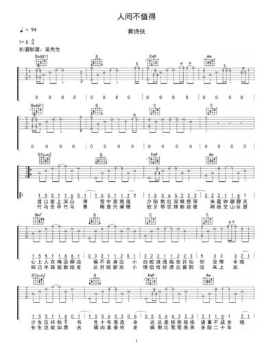 人间不值得吉他谱黄诗扶c调原版弹唱六线谱