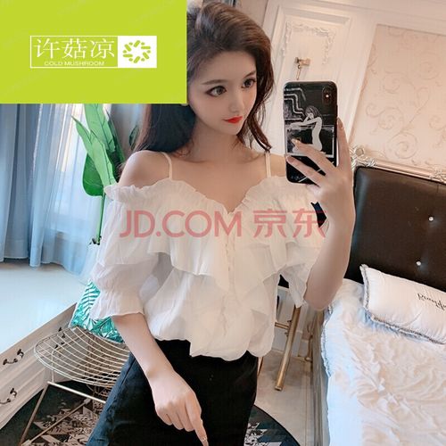 女生性感一字肩衬衫年新白色v领薄上衣露肩短袖吊带雪纺女装 白色短袖