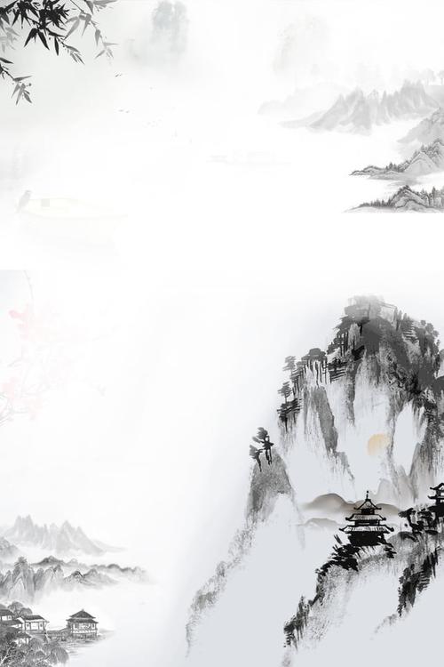 古代风格海报背景模板, 山水画山月, 水墨画水墨, 墨迹