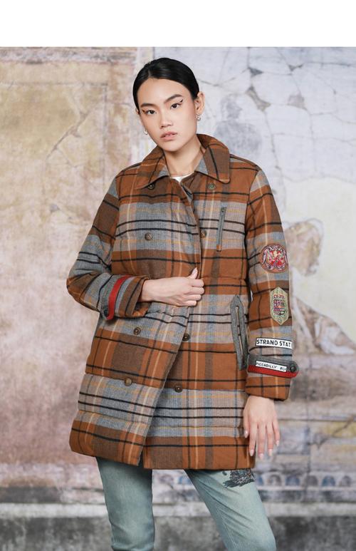 达衣岩复古英伦格子羽绒服百搭工装风衣棉女冬雾紫s