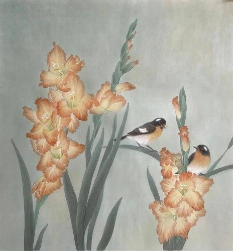 院长乐震文参观"百花百鸟——万芾工笔花鸟画展"