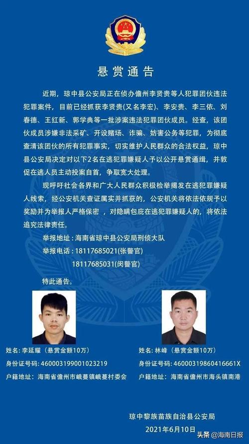 共计20万元!海南警方悬赏通缉两名在逃人员