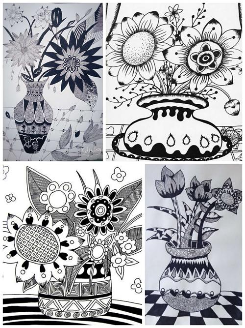 2. 欣赏用单色线描创作的瓶花.