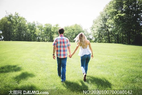 在草地上散步的情侣背影摄影图片