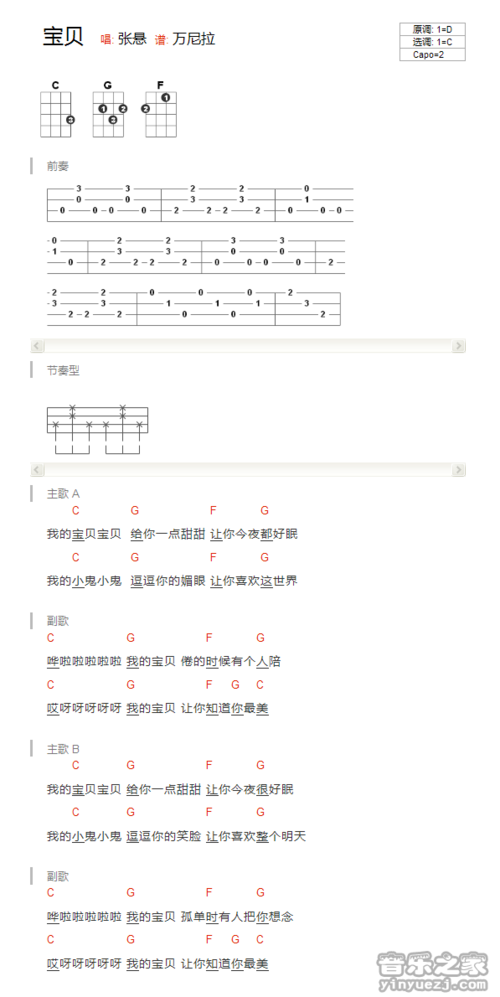 《宝贝》尤克里里弹唱谱 张悬