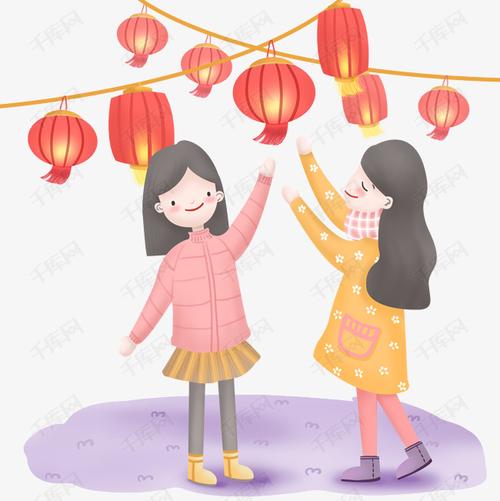 手绘元宵佳节逛灯会的场景