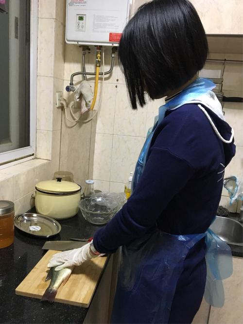 一切准备就绪:鱼,解刨板,剪刀,手套,一次性围裙.