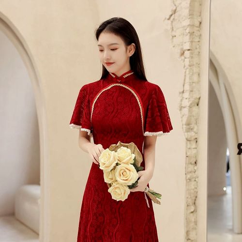 酒红色敬酒服旗袍2021新款新娘回门宴会气质显瘦礼服