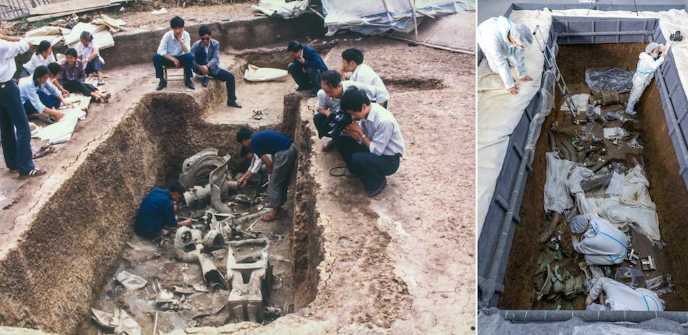 工作人员在三星堆遗址考古发掘现场2号"祭祀坑"内清理文物(考古学家