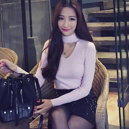 雅蔓奈2015女人味小俏皮立领小刮设计弹性罗纹针织衫 粉红色 均码