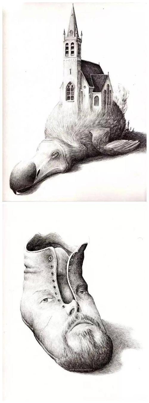 创意素描之——鸟背上的建筑物与人脸鞋子