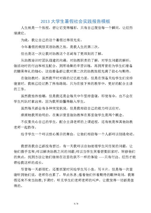 2013大学生暑假社会实践报告模板.docx 3页