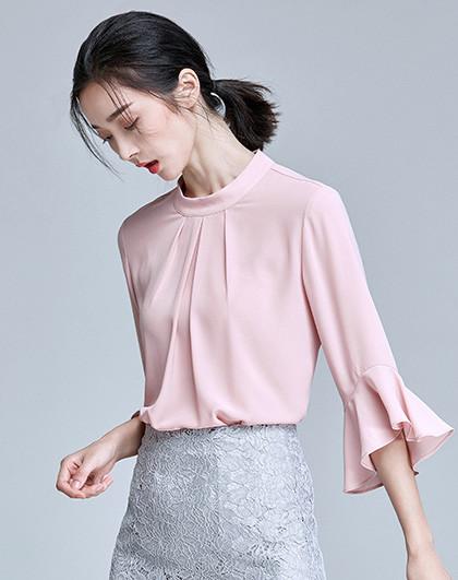 尚都比拉秋装优雅柔美藕粉色立领七分荷叶袖雪纺衫女