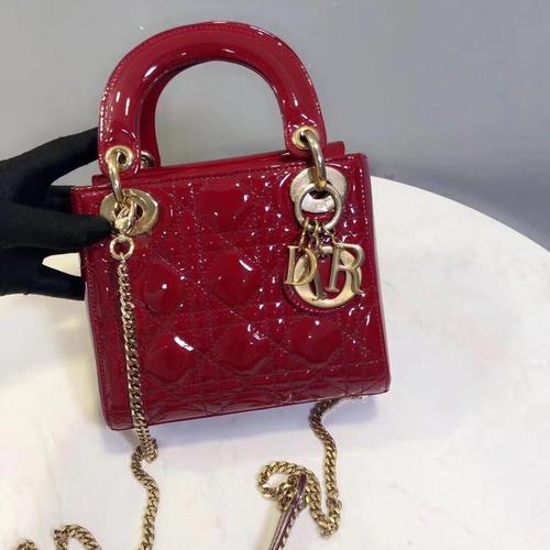 迪奥红金漆皮三格戴妃包手提包