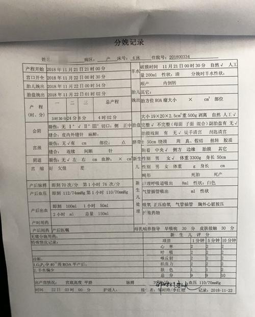 产妇分娩记录单据潘凤琴介绍,他们当即向孩子的家人说明情况并道歉