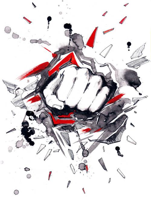 拳头冲击墙壁瞬间的插画