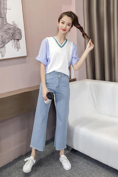 韩版小个子显瘦两件时尚套装性感v条纹领短袖t恤高腰阔腿牛仔裤